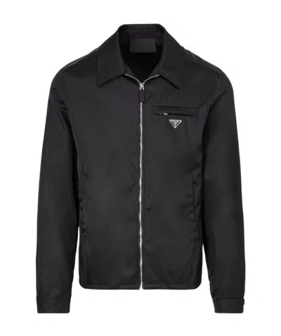 Prada Re Nylon Jacket Buttoned Cuffs Point Collar In Black