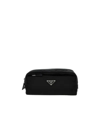 Prada Re-nylon Logo-plaque Wash Bag In Black