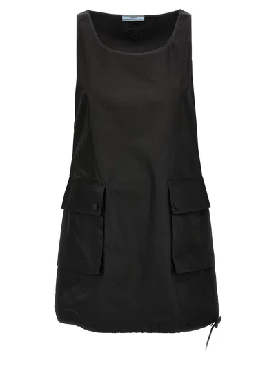 Prada Front Embossed Mini Dress Re-nylon Round Neck In Black