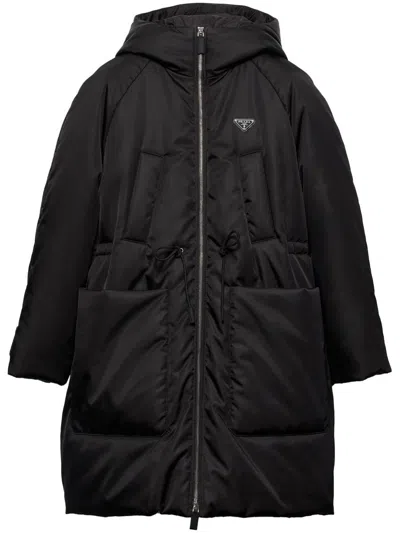 Prada Re-nylon Hooded Down Coat In Black