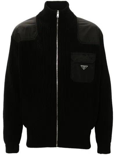 Prada Re-nylon-panelling Cardigan In Black