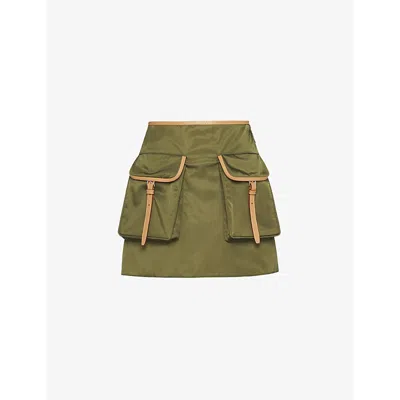 PRADA WOMENS GREEN RE-NYLON PATCH-POCKET MID-RISE NYLON AND LEATHER MINI SKIRT
