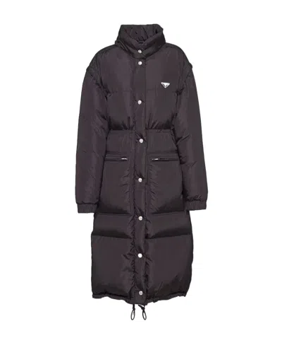 Prada Re-nylon Puffer Coat In Black/blue