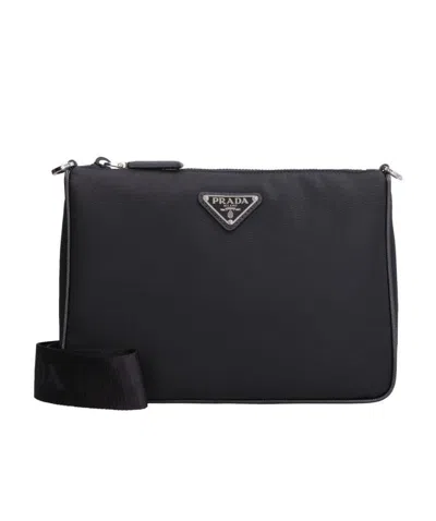 Prada Re-nylon Recycled Nylon And Saffiano Leather Logo Shoulder Bag In Black