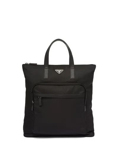 Prada Re-nylon Saffiano-leather Tote Bag In Black