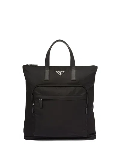 Prada Re Nylon Saffiano Leather Tote Bag In Black