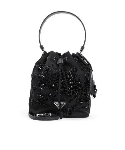 Prada Re-nylon Saffiano Logo Bucket Bag In Black