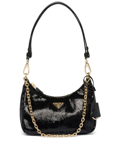 Prada Triangle-logo Sequined Mini Bag In Black