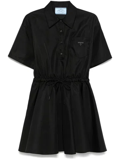 Prada Re-nylon Drawstring Fit-flare Mini Dress In F0002 Nero