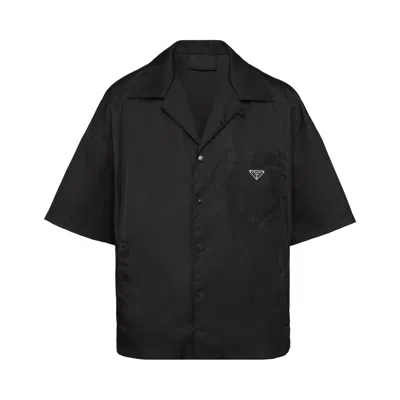 Pre-owned Prada Re-nylon Short-sleeve Cropped Bowling Shirt 'black' | Men's Size S