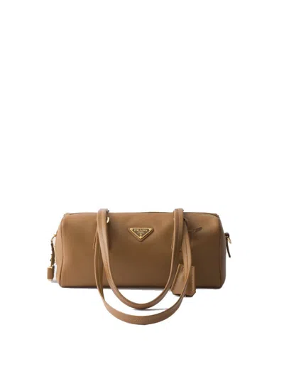 Prada Re-nylon And Leather Medium Top-handle Bag With Padlock In Brandy