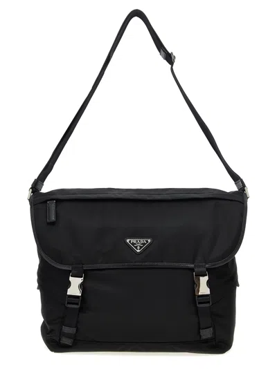 Prada Triangle Logo Re-nylon And Saffiano Leather Shoulder Bag In Black