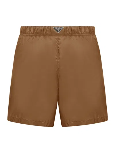Prada Elastic Waist Swimming Trunks In Nude & Neutrals