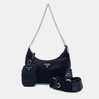 Pre-owned Prada Re-nylon Tesuto Chain Strap Hobo Bag In Black