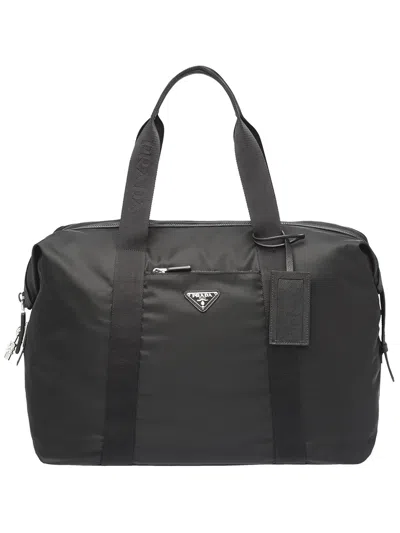 Prada Re-nylon Triangle Logo Holdall Bag In Black