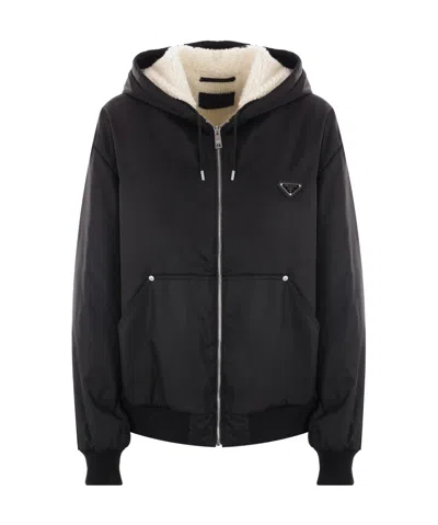 Prada Re-nylon Triangle-logo Hooded Jacket In Black