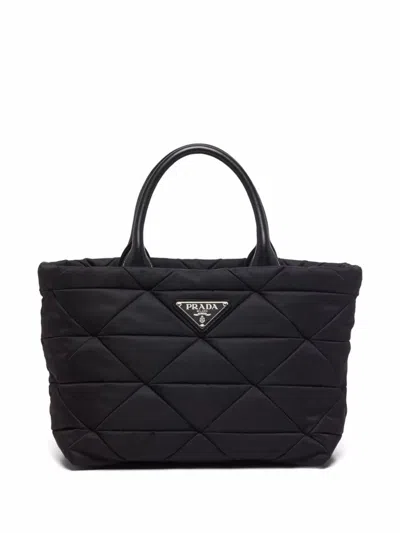 Prada Small Re-nylon Logo Plaque Top Handle Bag In Black