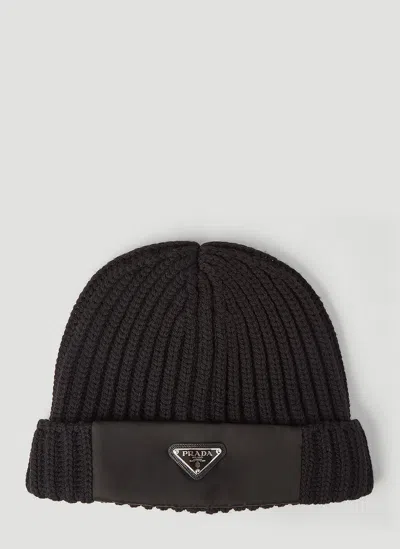 Prada Re-nylon Trimmed Beanie Hat In Black