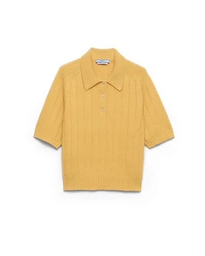 Prada Re-cashmere Short-sleeve Polo Sweater In Yellow