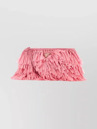 Prada Rectangular Crochet Clutch Fringe Detailing In Pink