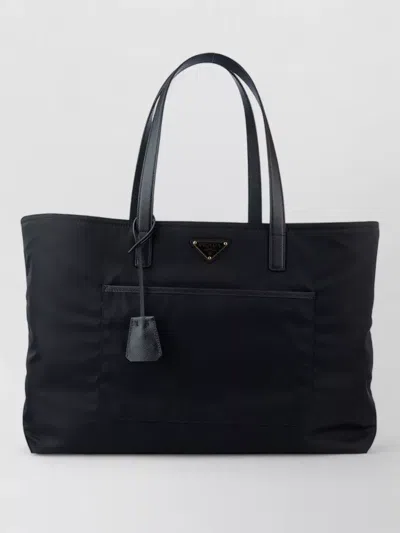 Prada Rectangular Tote Bag Top Handles Front Pocket In Black
