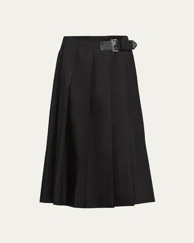 PRADA RECYCLED NYLON PLEATED BELTED MIDI SKIRT