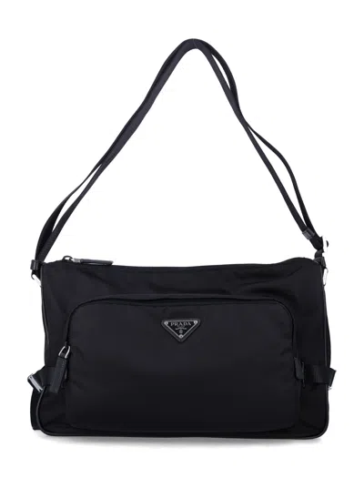 Prada Recycled Polyamide & Calf Leather Men's Crossbody Bag In Black