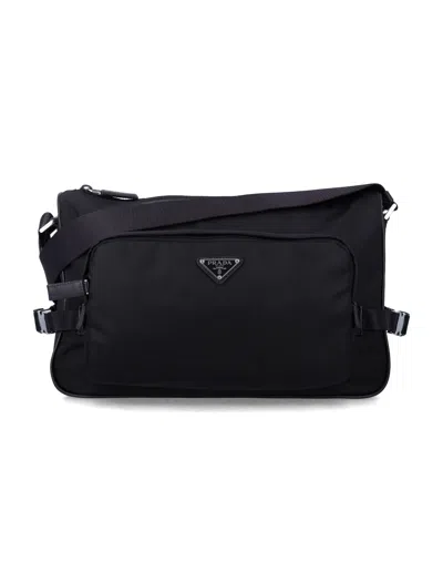 Prada Recycled Polyamide & Calf Leather Men's Crossbody Bag (p26 Collection) In Black