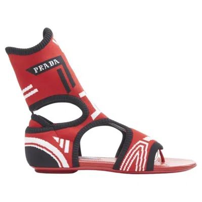 Pre-owned Prada Red Black White Stretch Sock Knit Thong Flat Sandals Eu35.5
