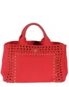 Prada Red Canvas Studded Medium Canapa Tote (authentic Pre-loved)