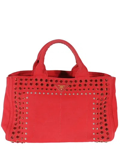 Prada Red Canvas Studded Medium Canapa Tote (authentic Pre-loved)