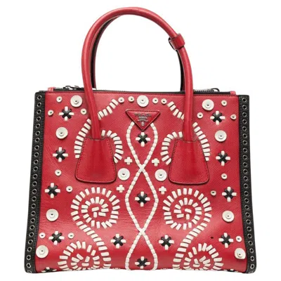 Pre-owned Prada Red Embroidered Saffiano Twin Pocket Tote