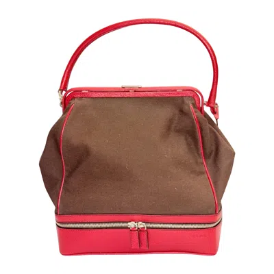 Pre-owned Prada Red Leather And Brown Canvas Handbag