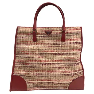 Pre-owned Prada Red Leather And Wool Tweed Tote Bag