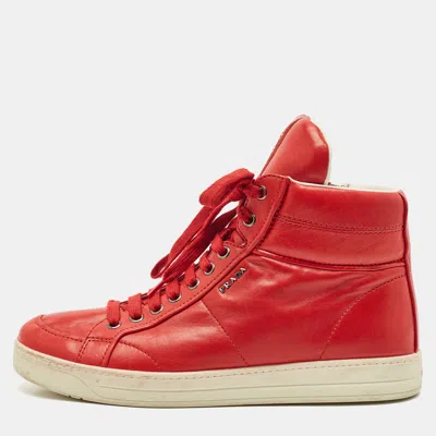 Pre-owned Prada Red Leather High Top Sneakers Size 40