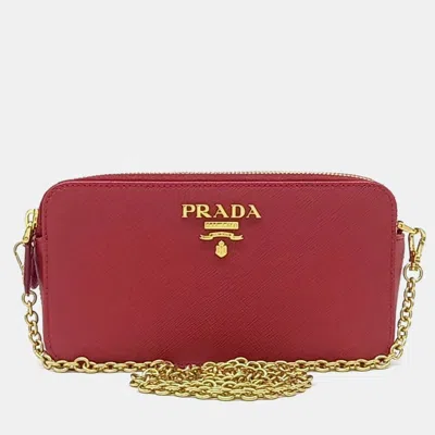 Pre-owned Prada Red Leather Saffiano Mini Chain Bag