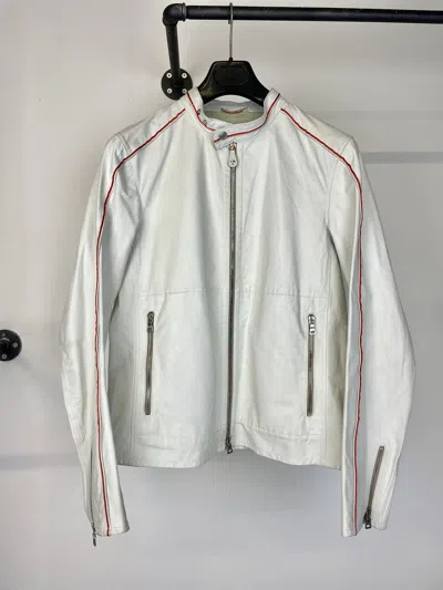 Pre-owned Prada Red Line White Leather Jacket Biker Moto Archive