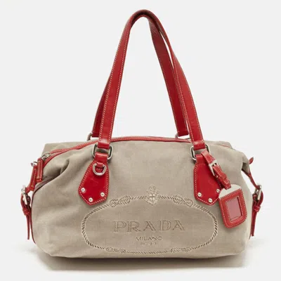 Prada /red Logo Jacquard Fabric And Leather Bag In Beige