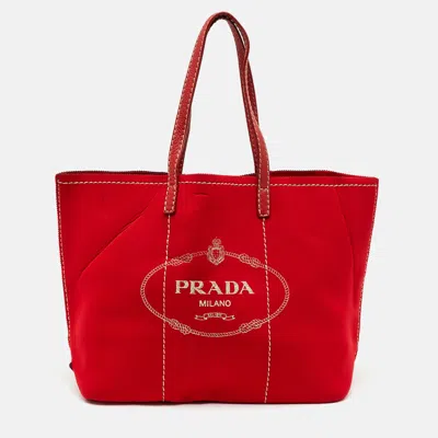 Pre-owned Prada Red Neoprene And Leather Logo Canapa Tote
