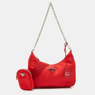 Pre-owned Prada Red Nylon And Saffiano Leather Re-edition 2005 Bag