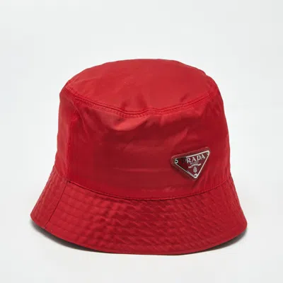 Pre-owned Prada Red Nylon Logo Triangle Plaque Bucket Hat S