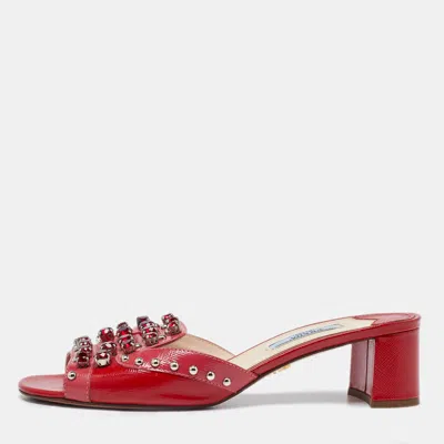 Pre-owned Prada Red Patent Leather Crystal Embellished Block Heel Slide Sandals Size 37
