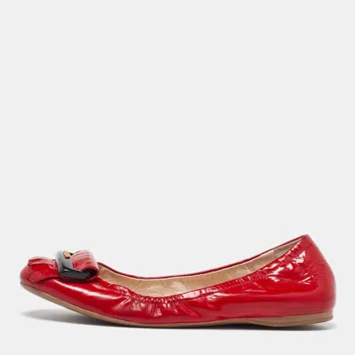 Pre-owned Prada Red Patent Leather Fringe Scrunch Ballet Flats Size 36