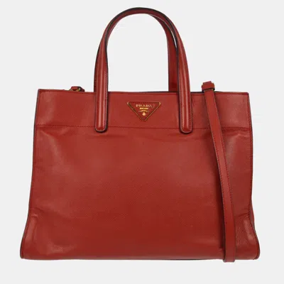 Pre-owned Prada Red Saffiano Leather 2way Tote Handbag