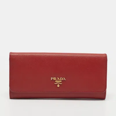 Pre-owned Prada Red Saffiano Leather Flap Continental Wallet
