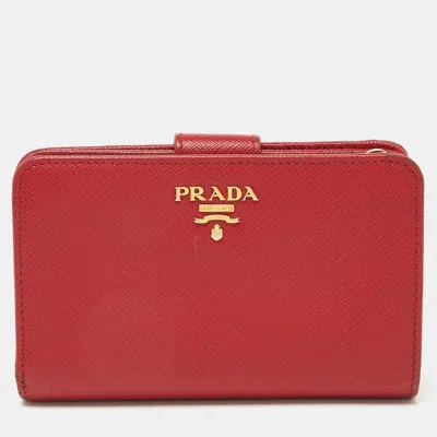 Pre-owned Prada Red Saffiano Leather Flap French Wallet