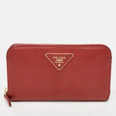 Pre-owned Prada Red Saffiano Leather Zip Around Wallet