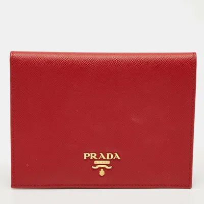Pre-owned Prada Red Saffiano Metal Leather Logo Passport Holder