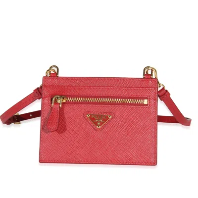 Pre-owned Prada Red Saffiano Triangle Card Holder With Strap