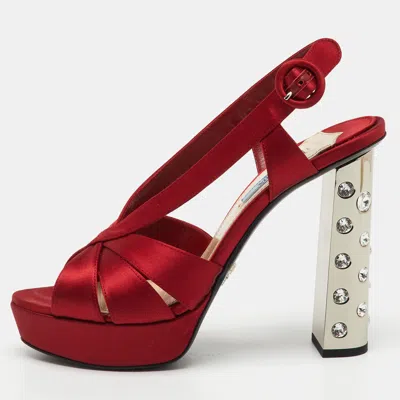Pre-owned Prada Red Satin Crystal Embellished Heel Strappy Platform Sandals Size 39